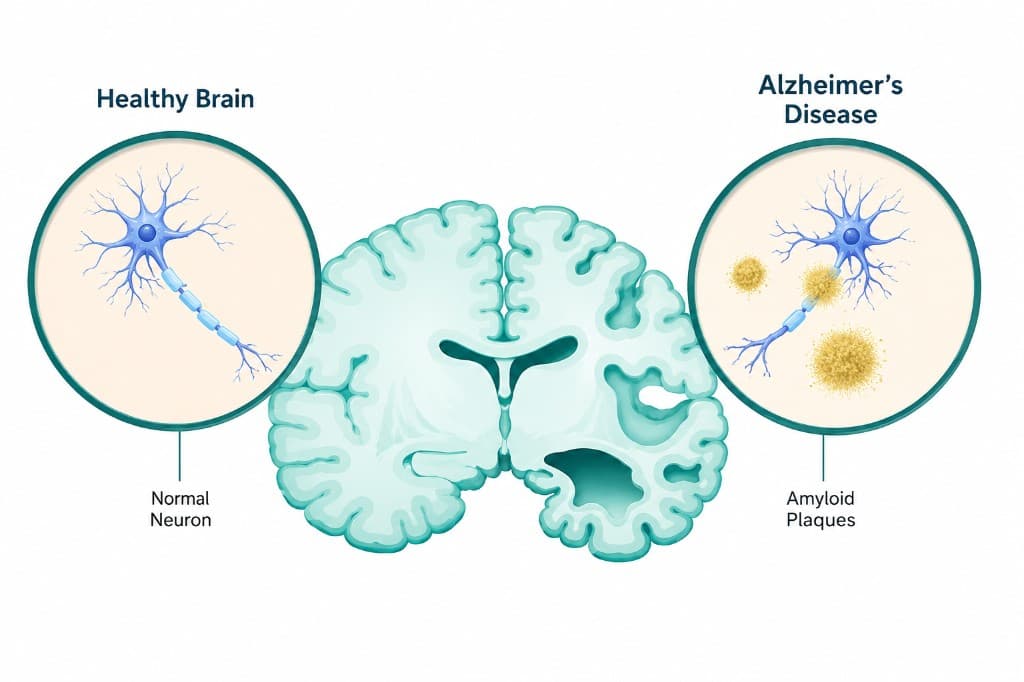 Medical illustration comparing a healthy brain with normal neurons to a brain with Alzheimer's disease showing atrophy, enlarged ventricles, and amyloid plaques
